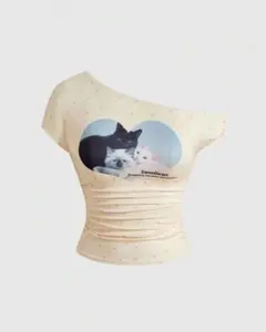 アシンメトリーネックTシャツ ネコ y2kのサムネイル