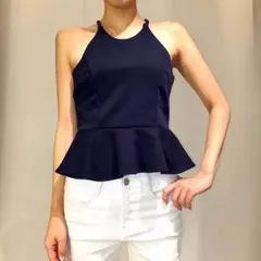 【2点購入で¥1000 OFF】無地 ネイビー ペプラム キャミT