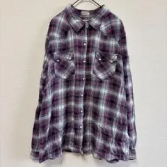 ⭐️ラングラー 長袖チェックウエスタンシャツ【XXL】 紫 綿100% 古着 
