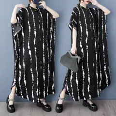 新品 大きいサイズ ロングワンピース 半袖 ストライプ柄 体型カバー 春夏秋
