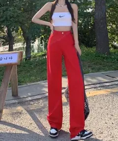 ハイウエストワイドストレートデニムカラーパンツ 赤 S