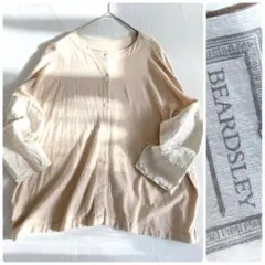 ビアズリー ▲∵゜ コットンカーディガン　袖リネン　刺繍　シェル釦　ゆったり