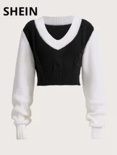 SHEIN シーイン EZwear 白黒ツートーンケーブルニットクロップセーター