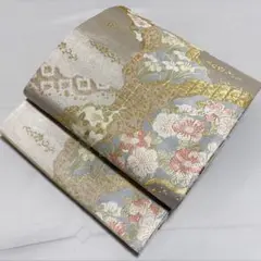 C 美品 花々 唐草唐花 七宝 金銀糸 落款入 正絹 六通 袋帯 フォーマル