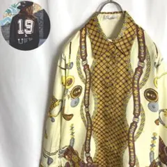 レディース古着 総柄 長袖シャツ ゴルフ柄 デザイン クリーム色 チェック柄L