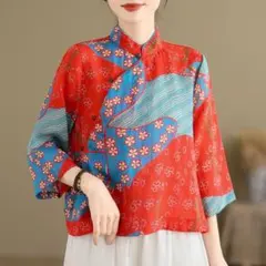 配色 プリント スタンドカラー レトロ トップス プルオーバー ブラウス 七分袖