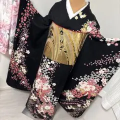 良好】振袖単品◇169cm押切もえブラックトールサイズ黒ブラック系正絹 