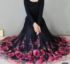 新品 ロングスカート 春XXL 3L 黒 花柄 フレア 体型カバー ウエストゴム