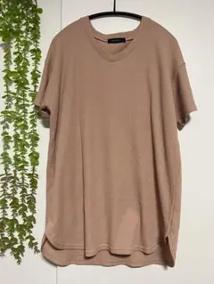 薄ピンク リブ編み 半袖チュニック VネックMサイズ