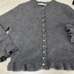 ZARA グレー フリルヘム ニットカーディガン M