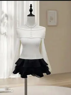 訳あり商品オフショルダー リブニット トップス ホワイト