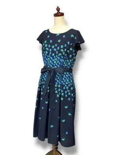 【ローラアシュレイ】花柄 リボン ワンピース フレア ネイビー 美品