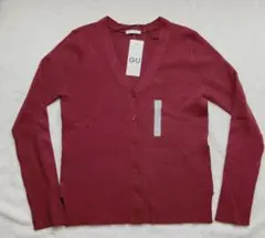 新品 タグ付 GU 長袖 ワイドリブ Vネック カーディガン  赤 M 寒さ対策