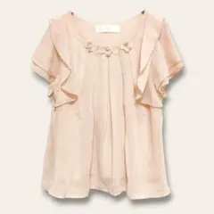 【トッコクローゼット】シフォンブラウス　袖フリル　半袖　ピンク系　M　花モチーフ