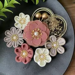 つまみ細工 髪飾り 卒業式 成人式 前撮り 振袖髪飾り くすみピンク系【314】