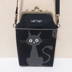 猫柄がま口ショルダー【ハンドメイド】黒