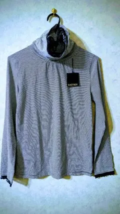 セール·新品レディース ·ストライプ· レース付きハイネックブラウス·紺·長袖