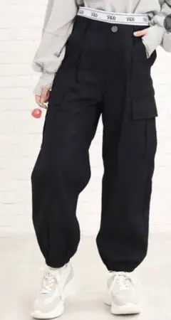 ピンクラテ　ウエストロゴ　ジャガードカーゴパンツ　ブラック　140cm
