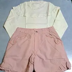 フリル&パールビーズ付き長袖Tシャツと裏フリース裾フリルショートパンツ2点セット