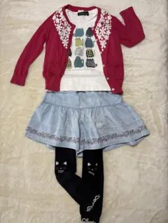 カーディガンとTシャツ、デニム風キュロット、スパッツのセット100〜120㎝
