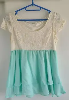 レーストリム 半袖シャツ ホワイト・ミント