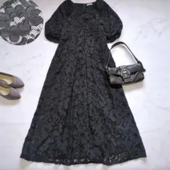 クラネ 総レース ロングワンピース Aライン フレア ボリューム袖 洗える 黒のサムネイル