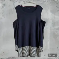 トミーヒルフィガー 肩出し オープンショルダー ニット XL ネイビー×ホワイト