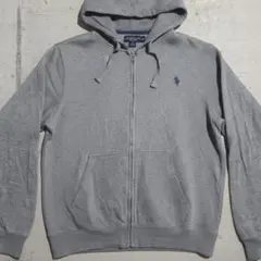 【ポロアッスン】ジップアップ パーカー グレー M 刺繍ロゴ ワンポイント