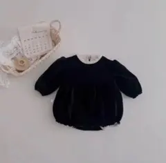 韓国 黒 ベルベット ロンパース 長袖 フリル