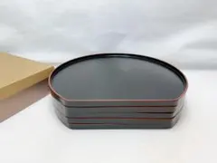 未使用 懐石道具 木製黒塗 爪紅 半月膳 会席膳 5客揃 煎茶道具 会席 紙箱 茶器/茶道具 懐石道具（会席道具）/折敷】 懐石膳（会席膳） 5客