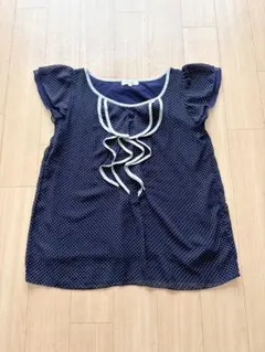 soup ネイビー ドット柄 バイカラー フリル リボン カットソー