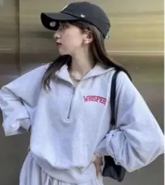 ワンポイント刺繍デザイン 裏毛ショート丈ハーフジップスウェット