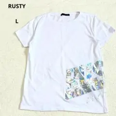 ラスティ RUSTY 半袖Tシャツ ホログラムロゴ 光沢 白 L 綿混のサムネイル