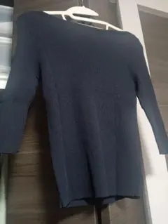 激安ダークネイビーリブ編みオフショルダー七分袖ニットセーターチャペルリブ編み