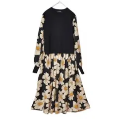 M〜L レイヤード風 花柄 ドッキング ワンピース 長袖 レディース/ブラック