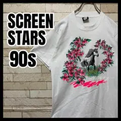 90s SCREEN STARS Tシャツ ART 花 馬 ユニコーン 古着