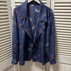 伊太利屋ネイビー ペイズリー ダブルブレスト 長袖シャツ