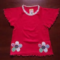 赤い花刺繍付きコットンTシャツ