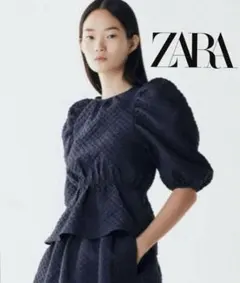〈 美品 〉ZARA ザラ テクスチャー入り生地ブラウス M ネイビー トップス