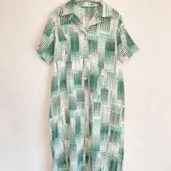 ヴィンテージ 総柄ロングワンピース 半袖 緑 幾何学 ドット レトロ 古着