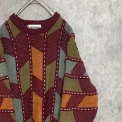 90S vintage 3Dニット　えんじ　総柄　メンズ　M 古着　個性派　奇抜