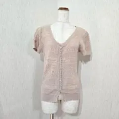 RETRO GIRL 透かし編み 半袖ニットカーディガン 麻・綿 ナチュラル