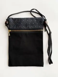 和柄 ハンドメイド サコッシュ ポシェット 銀ネイビー