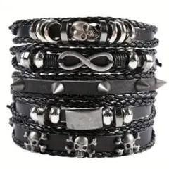 パンク ロック系 ブレスレット 5点セット スカル スタッズ 多重巻き 男女兼用