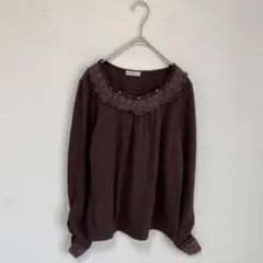 【axes femme】レース　フリル　袖ギャザー　長袖　カットソー　トップス