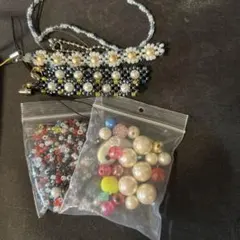 ビーズストラップ3点　ビーズ　黄　黒　白　赤　水色　パール