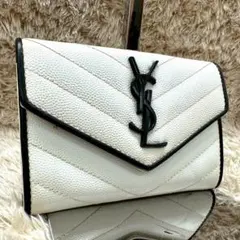 【美品】サンローラン カードケース ホワイト フラップ YSL Vステッチ