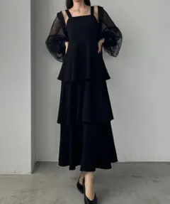 【薄くて軽いジョーゼット生地】フリルティアードキャミワンピース/Louere