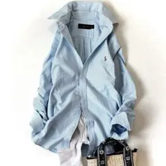 美品　ラルフローレン【XL相当】コットン　オックスフォードストライプシャツ　刺繍