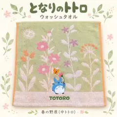 となりのトトロ ウォッシュタオル 春の野原 中トトロ 花柄 刺繍 グリーン